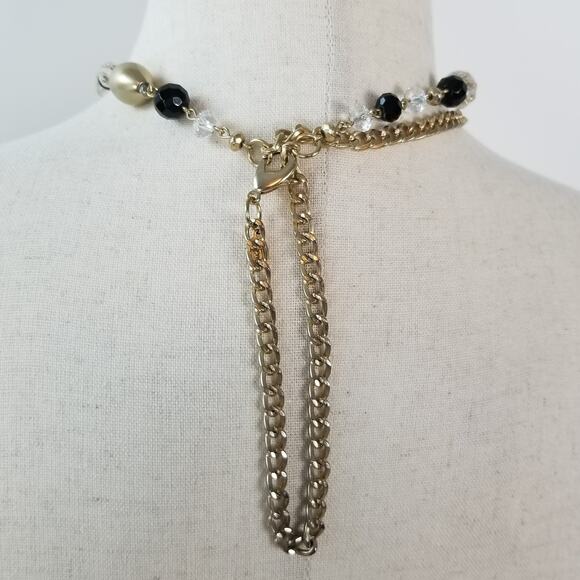Chicos Long Statement Necklace Gold Tone Black Clear Faceted Beads Metal Baubles - Picture 3 of 5